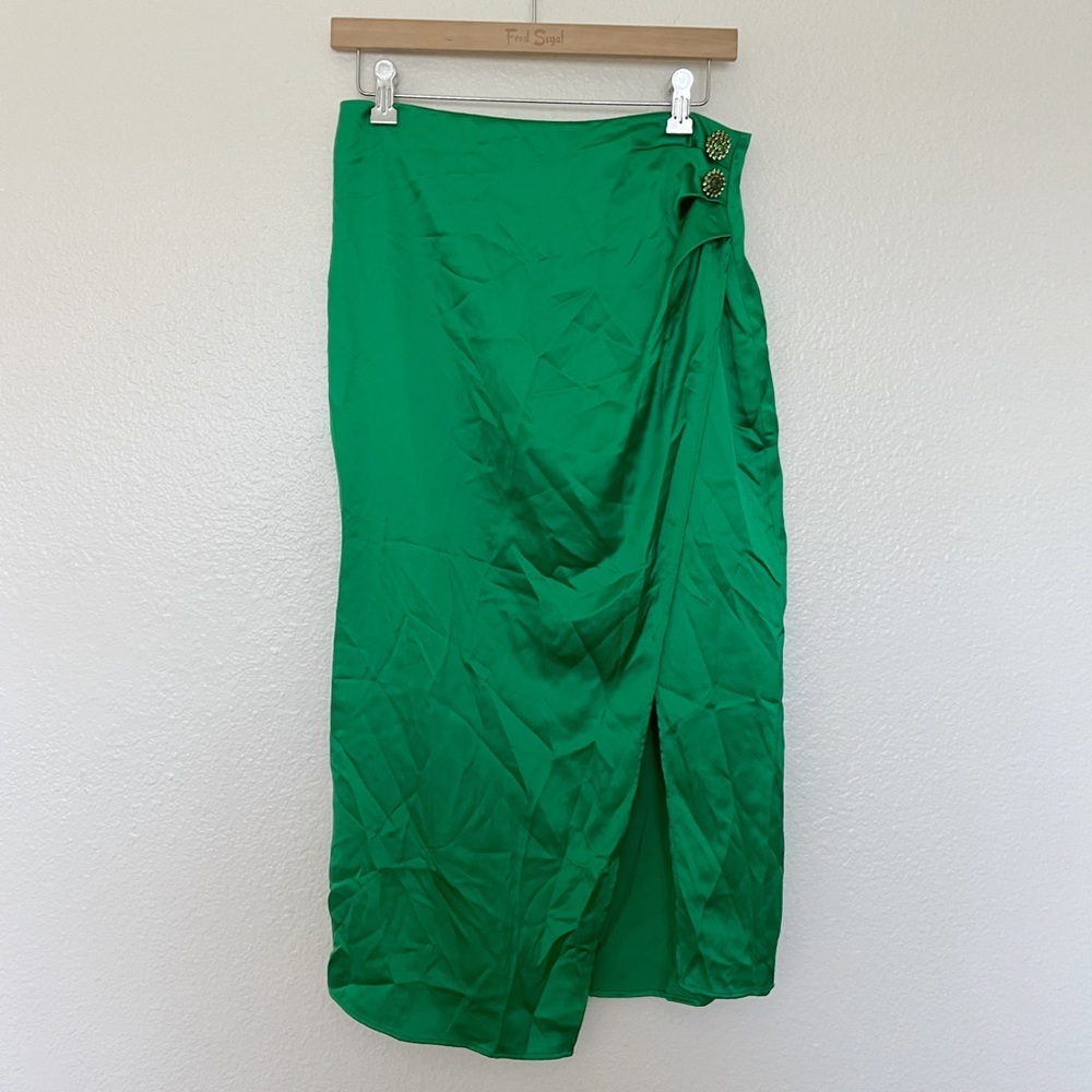 Zara Green Satin Midi Skirt with Side Slit - Picture 6 of 11